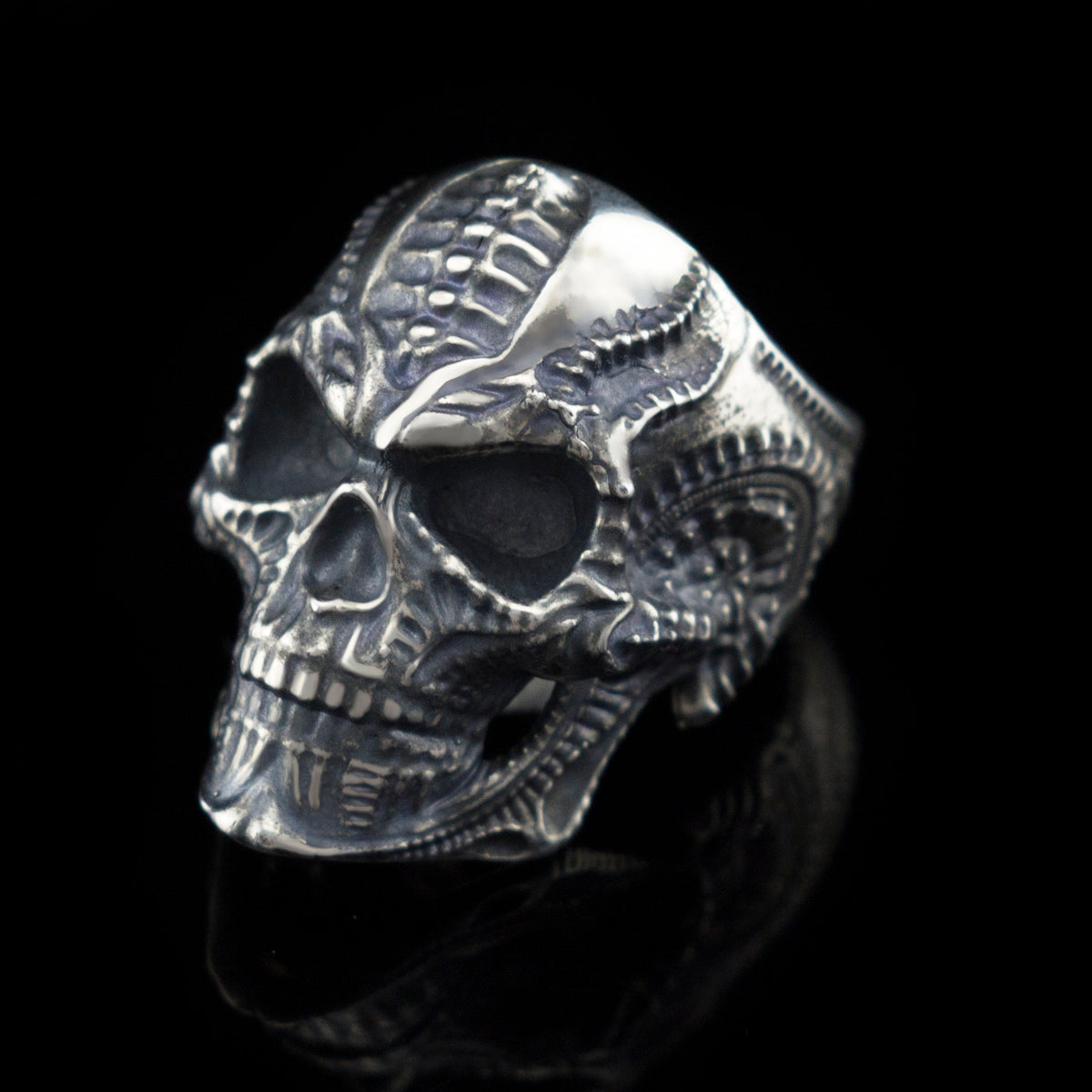 Close-up of the Blade alien-inspired skull with deep oxidized grooves