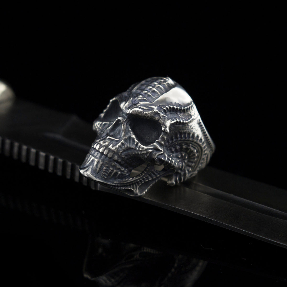 Blade skull ring on a black strap, ribbed biomechanical cranium