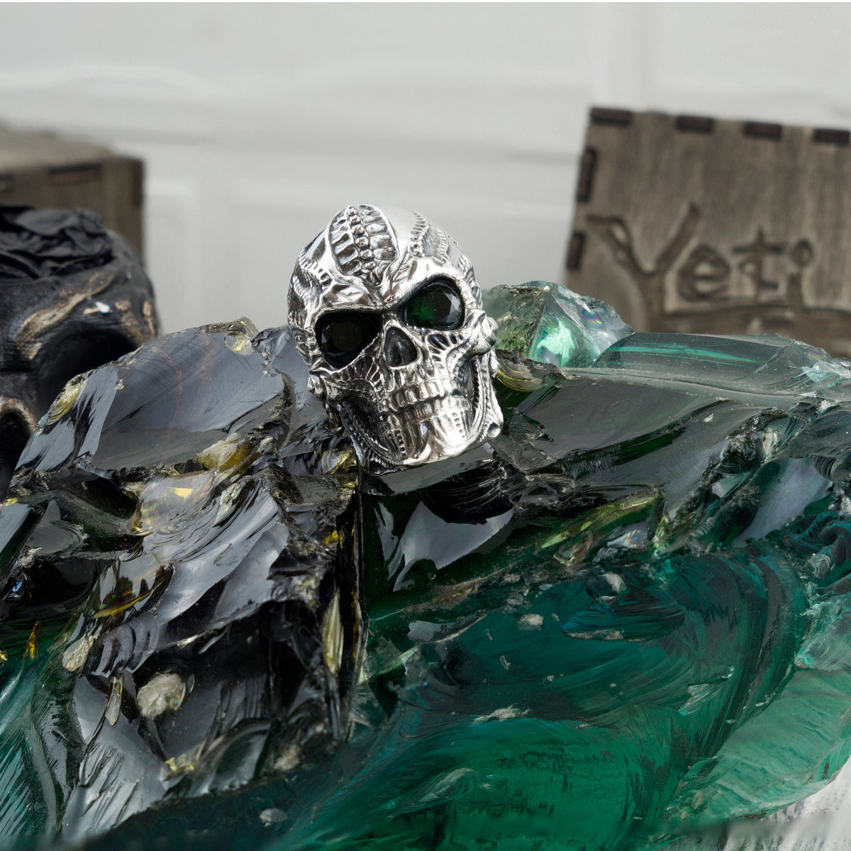 Blade skull sterling silver ring, three-quarter view from the right
