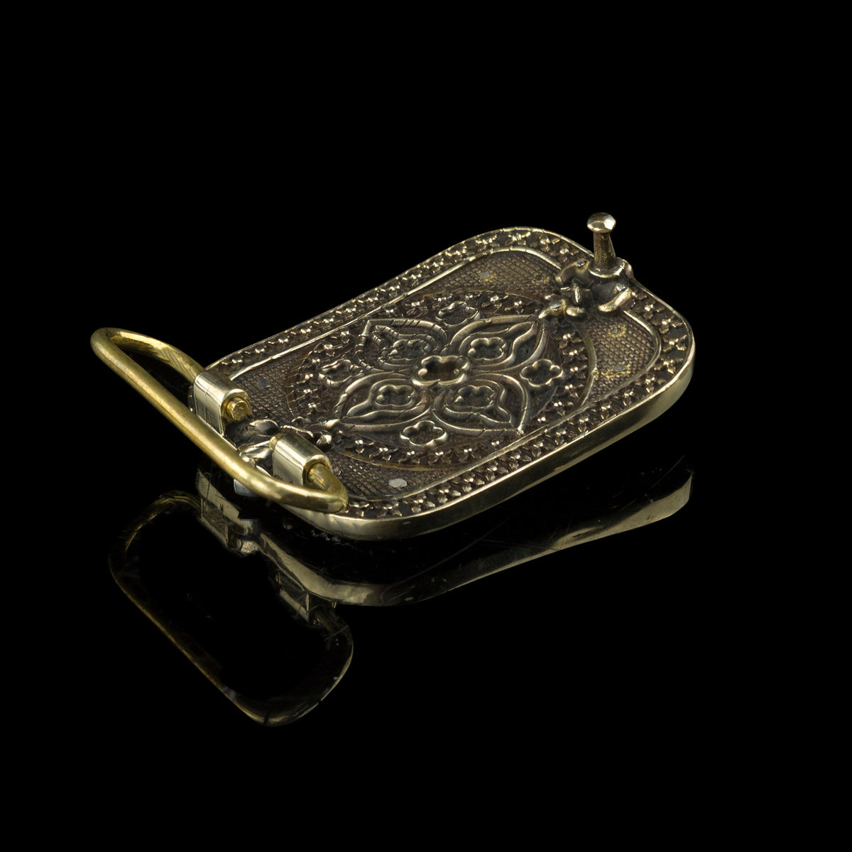 Filigree cross sterling silver and brass belt buckle, angle