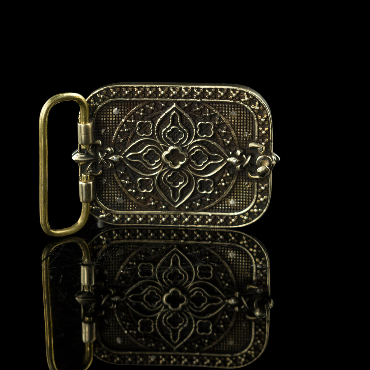 Filigree cross sterling silver and brass belt buckle, back