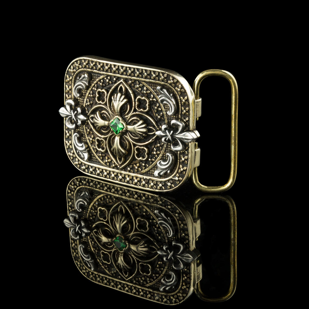 Filigree cross sterling silver and brass belt buckle, front