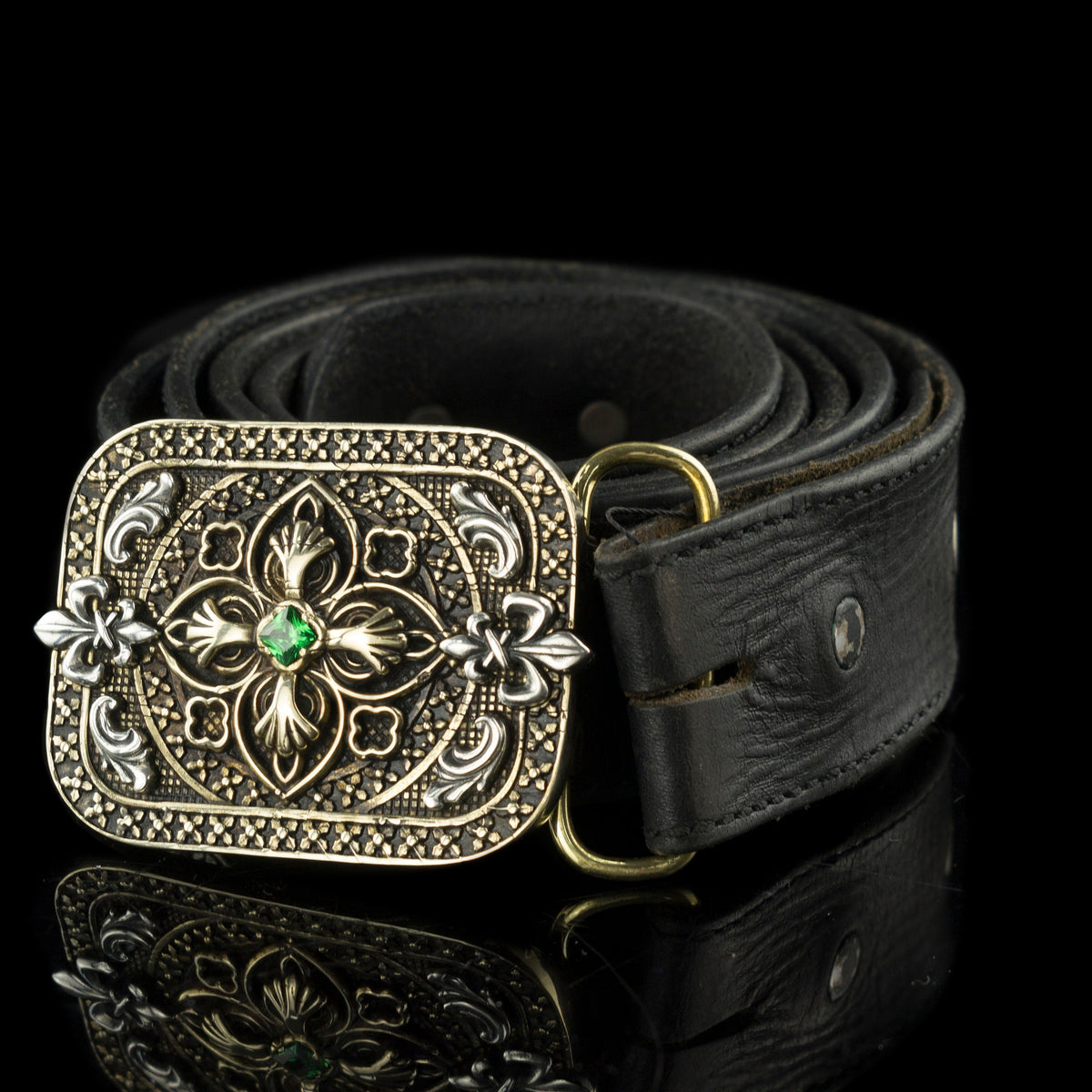 Filigree cross sterling silver and brass belt buckle, on belt 2