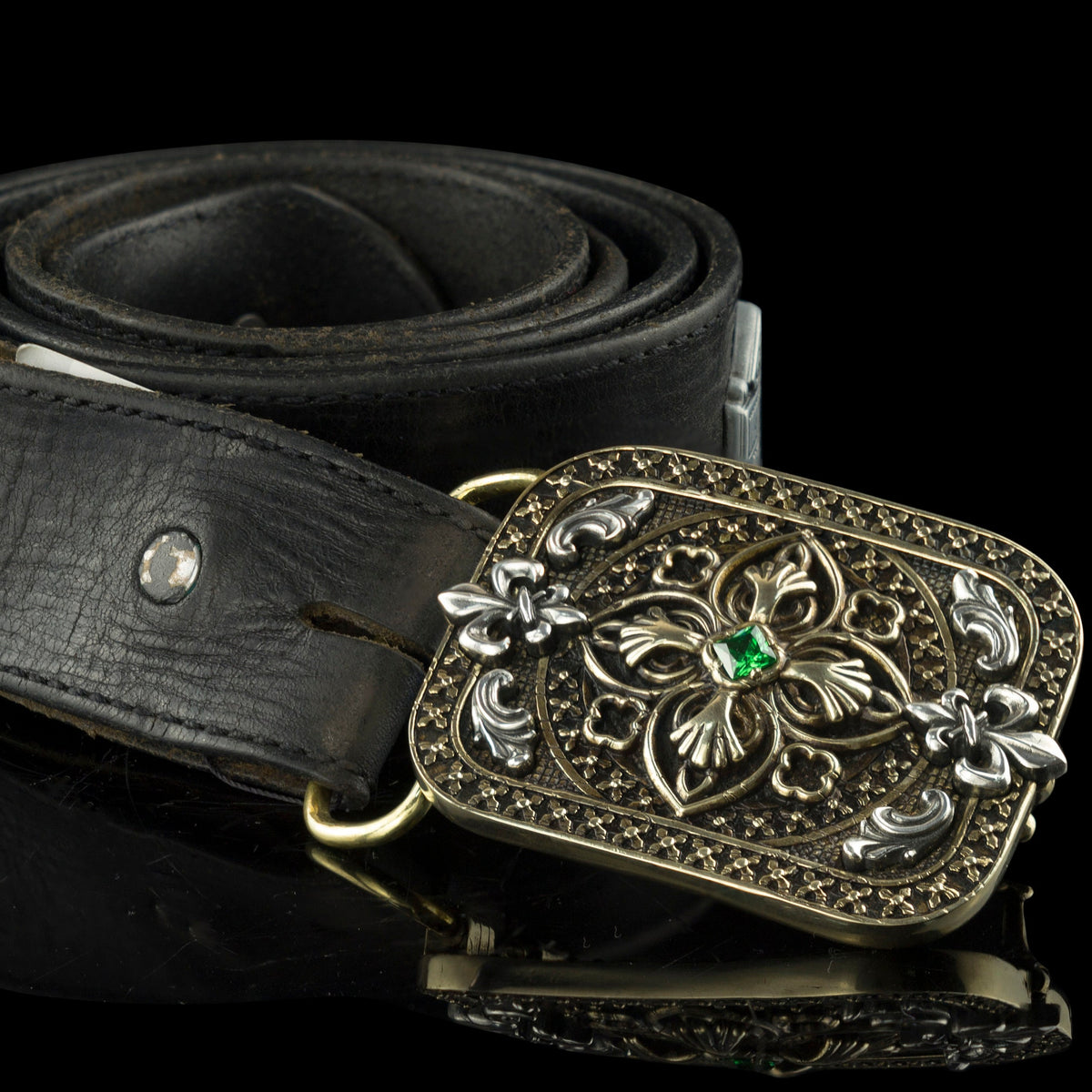 Filigree cross sterling silver and brass belt buckle, on belt 3