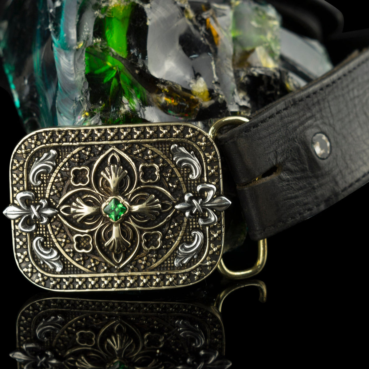 Filigree cross sterling silver and brass belt buckle, on belt