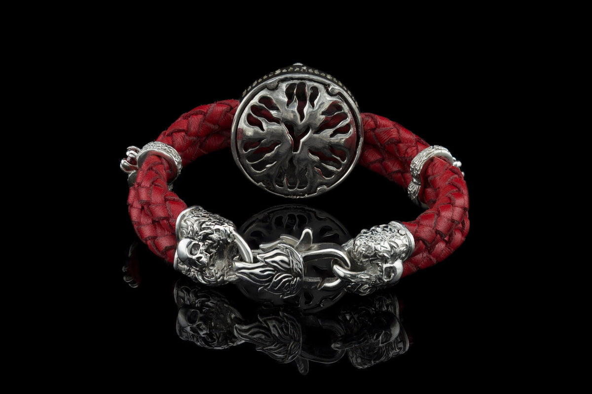 Openwork back of the Furious Bonnie skull medallion on red leather