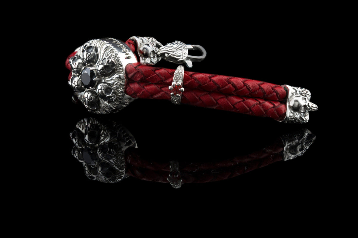 Furious Bonnie red leather bracelet clasp and skull end caps up close