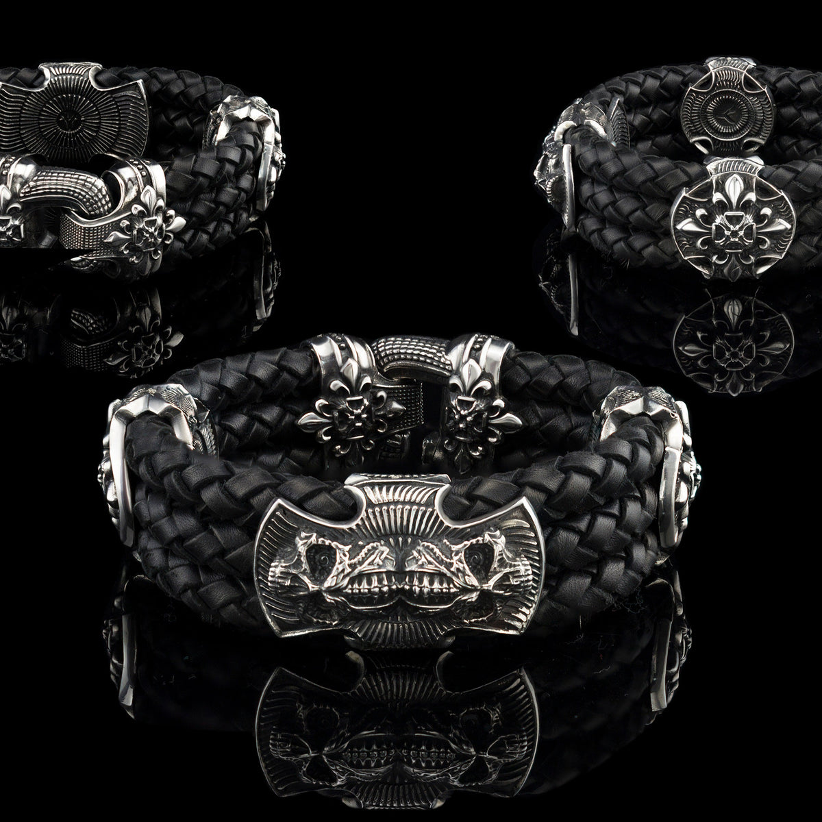 Heavy sterling silver skull bracelet on black braided leather, three views
