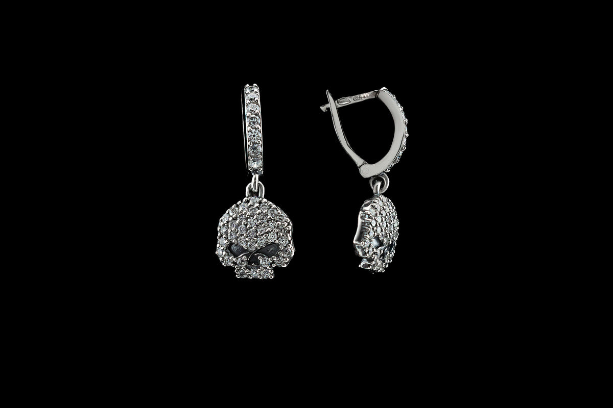 HD Crystal 925 sterling silver skull drop earrings with sparkling clear cubic zirconia and detailed 3D skull design