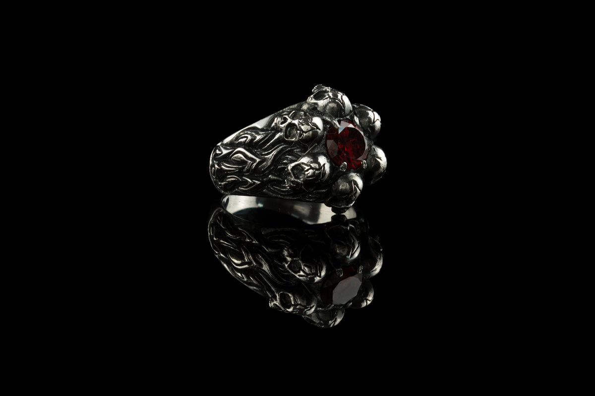 Furious Bonnie 925 sterling silver skull ring with Pyrope Red cubic zirconia and hand-oxidized gothic details