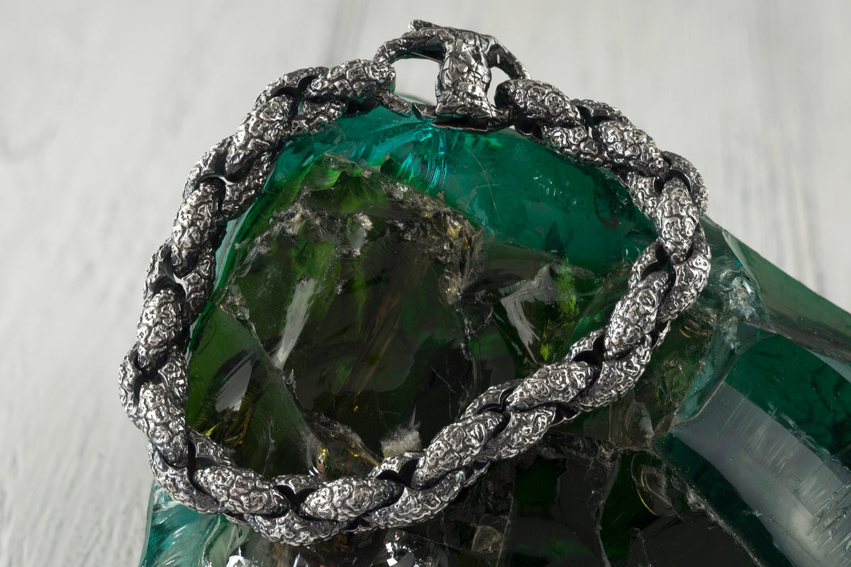 Andes men's bracelet in oxidized 925 sterling silver featuring heavily textured interlocking links by Yeti Jewelry