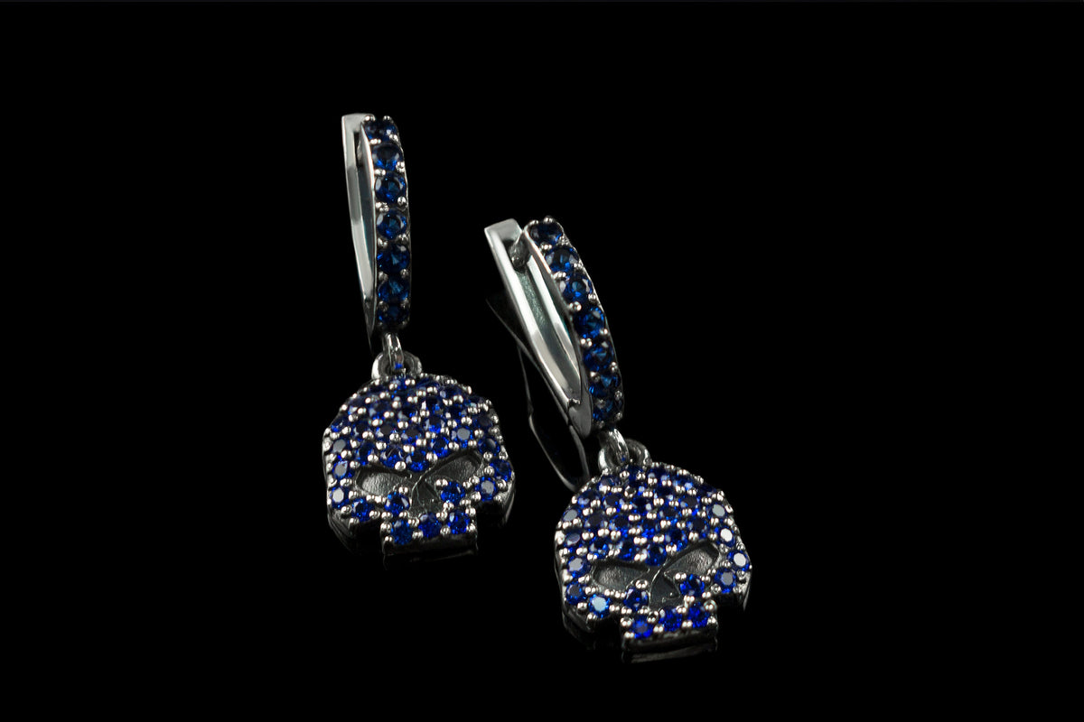 HD Crystal 925 sterling silver skull drop earrings with sparkling clear cubic zirconia and detailed 3D skull design