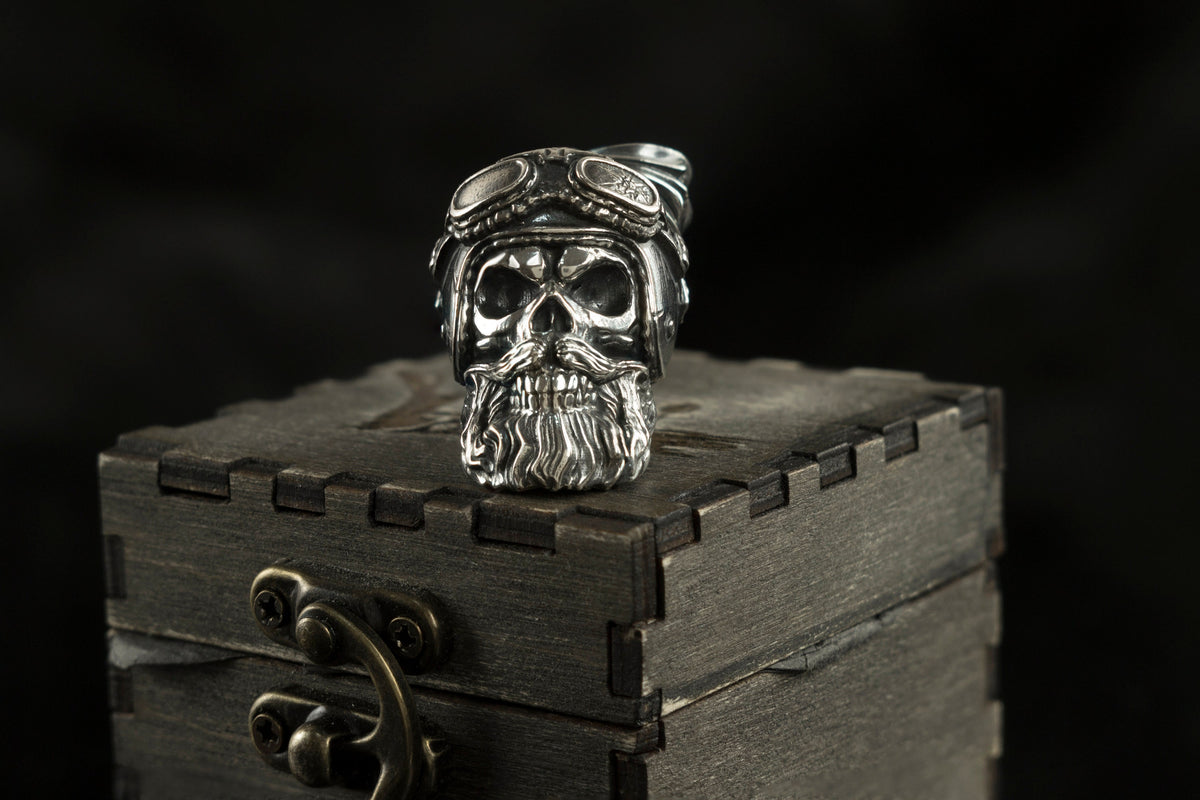 Rider 925 sterling silver skull pendant with aviator goggles, mustache and beard, handcrafted gothic biker jewelry