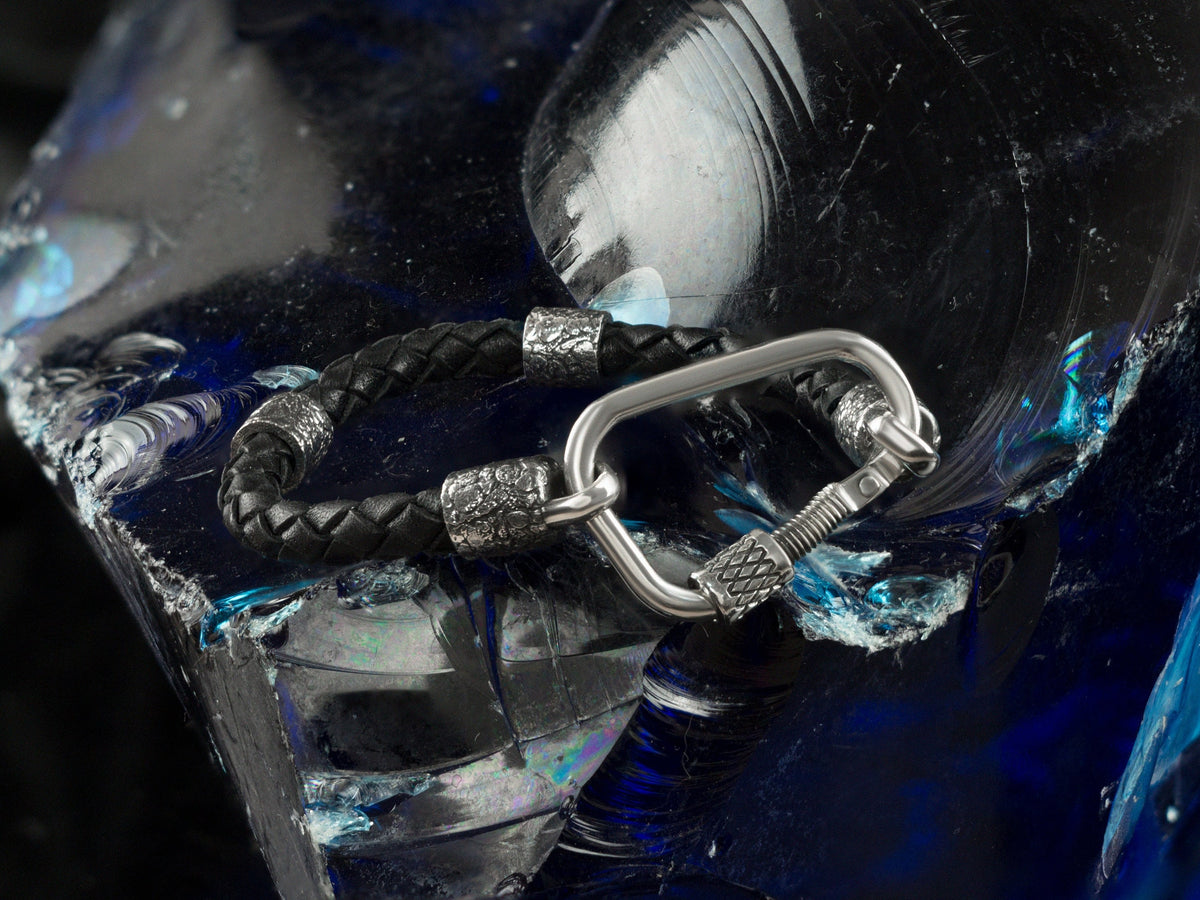 Rock Climber bracelet with 925 sterling silver carabiner clasp and braided black leather strap