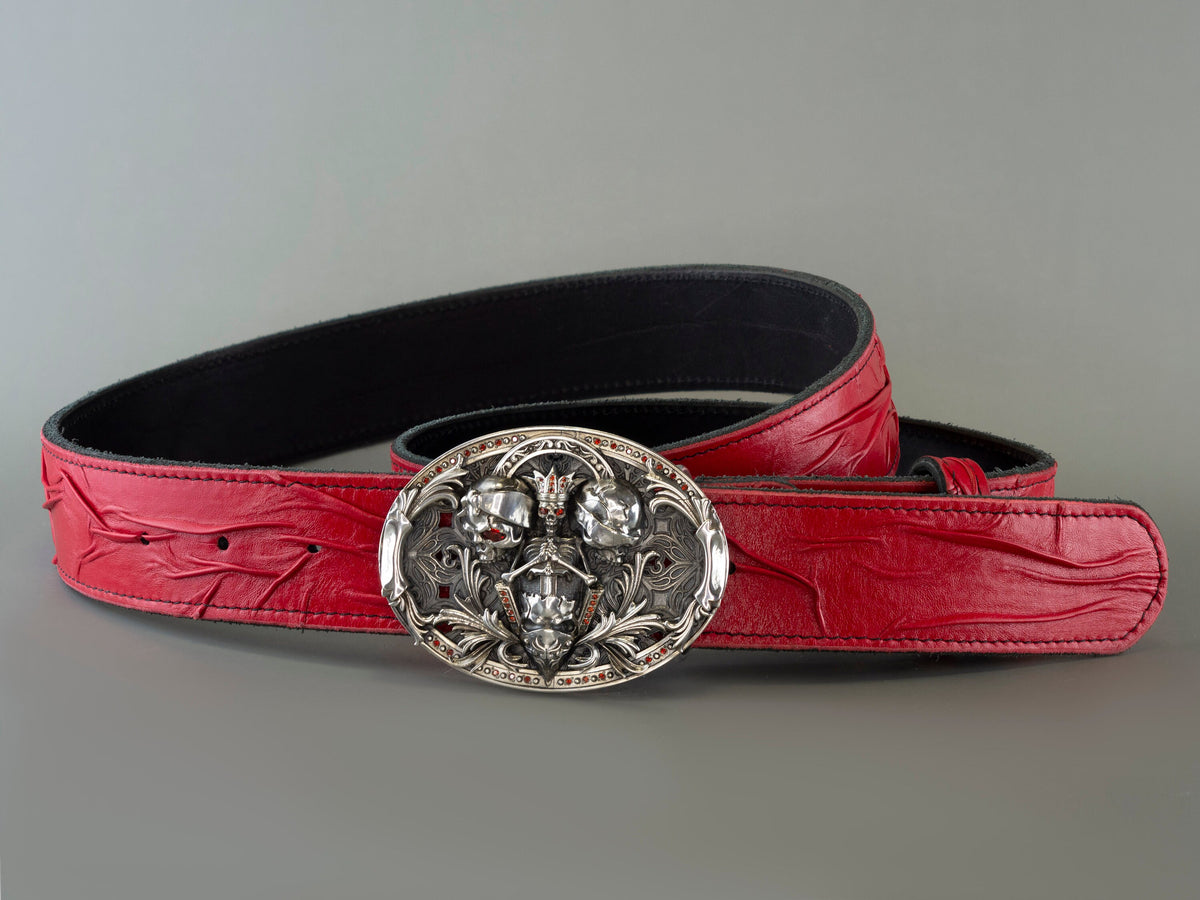 Handmade red genuine leather belt strap with embossed textured design, two-layer construction and 38 mm width