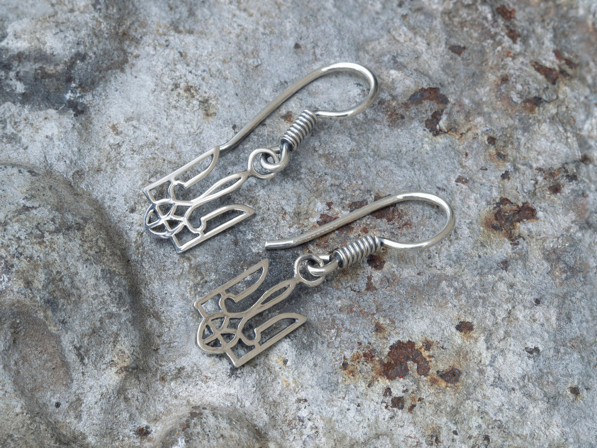Pair of handmade 925 sterling silver Ukrainian trident drop earrings