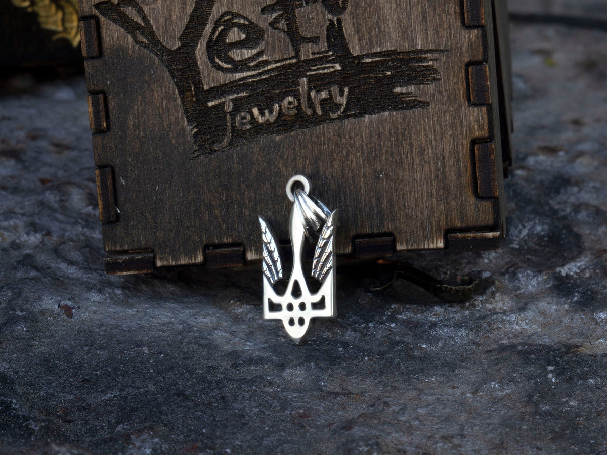 925 sterling silver Ukrainian Tryzub trident pendant on a black braided cord