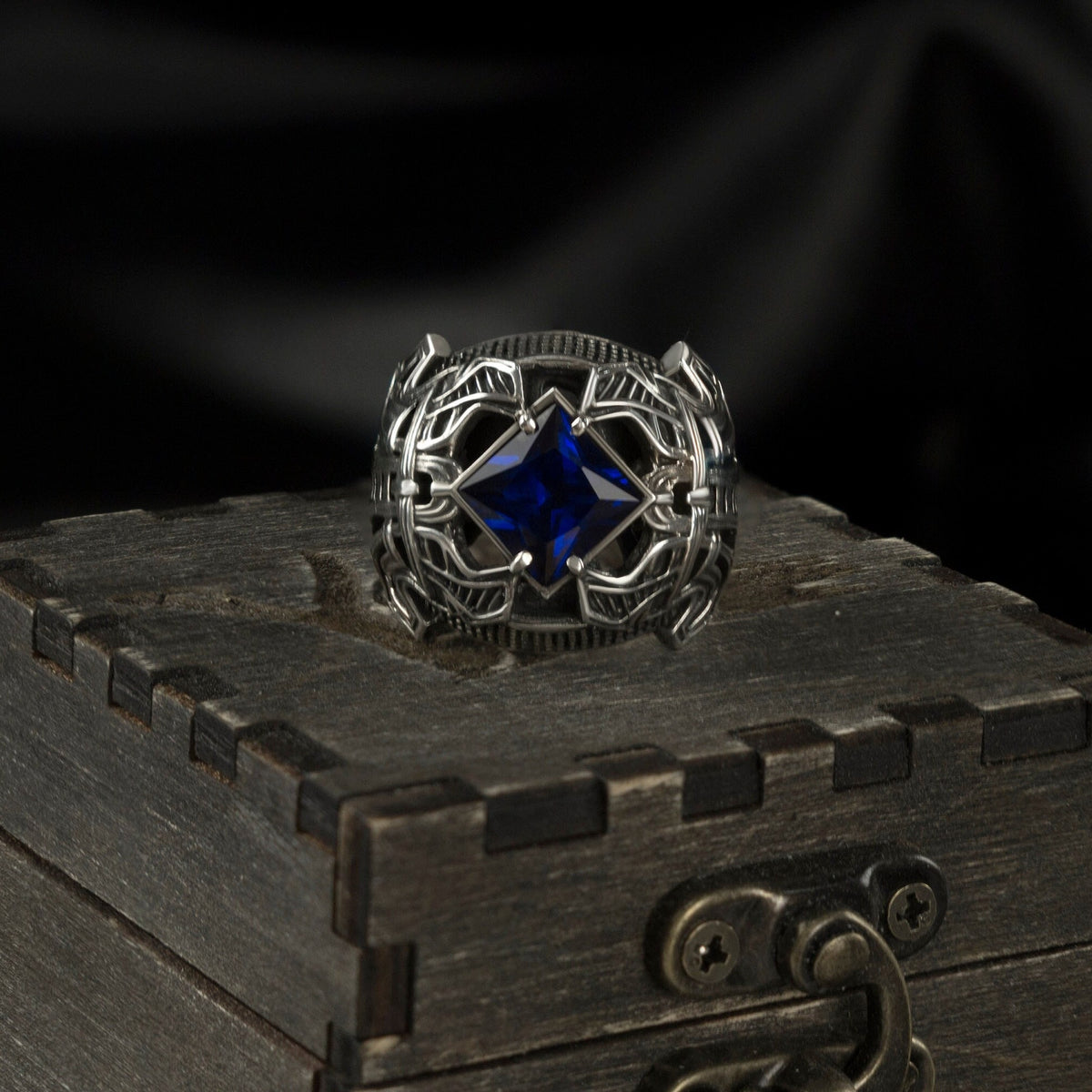 Octavius 925 sterling silver signet ring with deep blue cubic zirconia and gothic relief