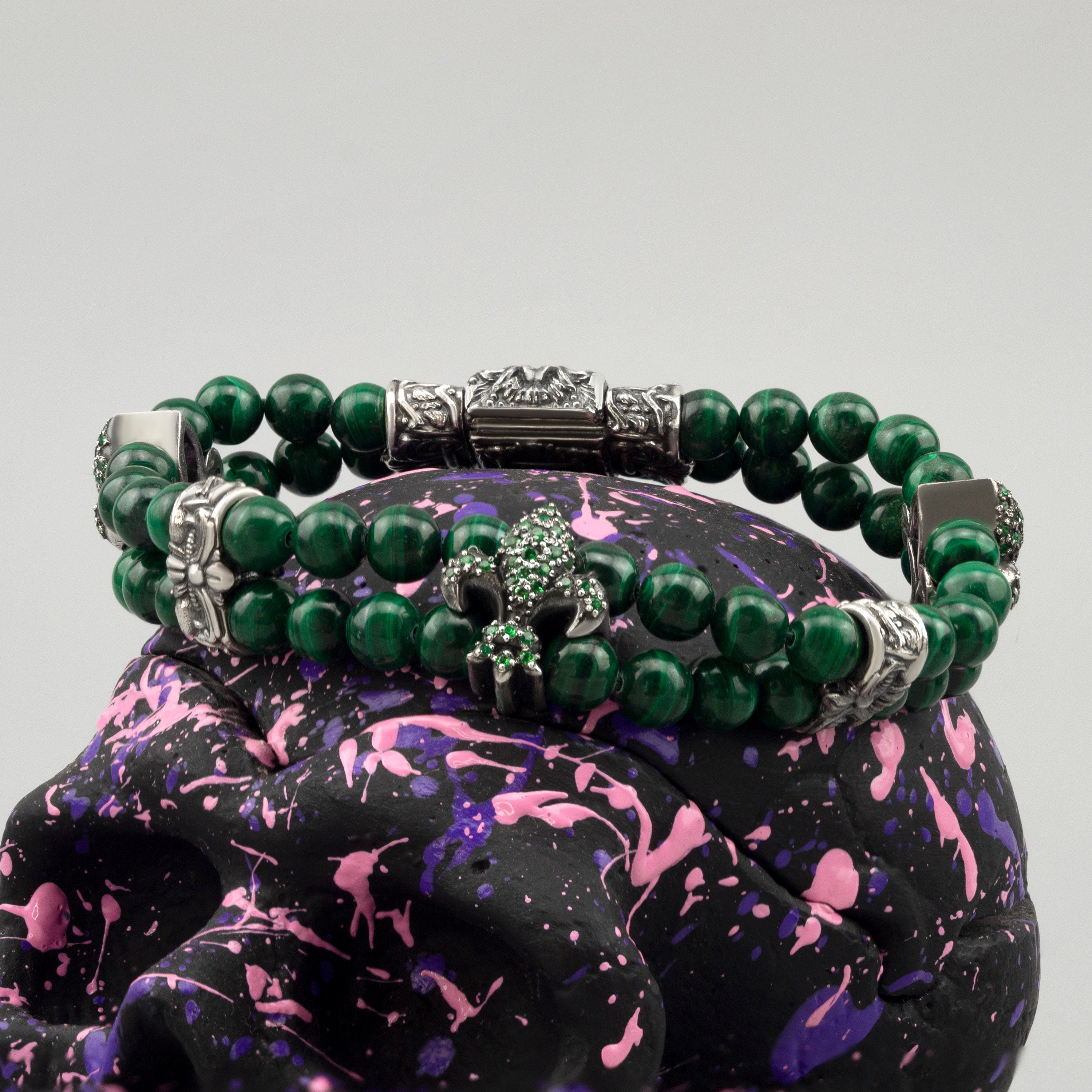 Handcrafted 73g solid sterling silver "Vivian" double-strand malachite beaded bracelet featuring a green pave Fleur-de-lis charm and detailed box clasp