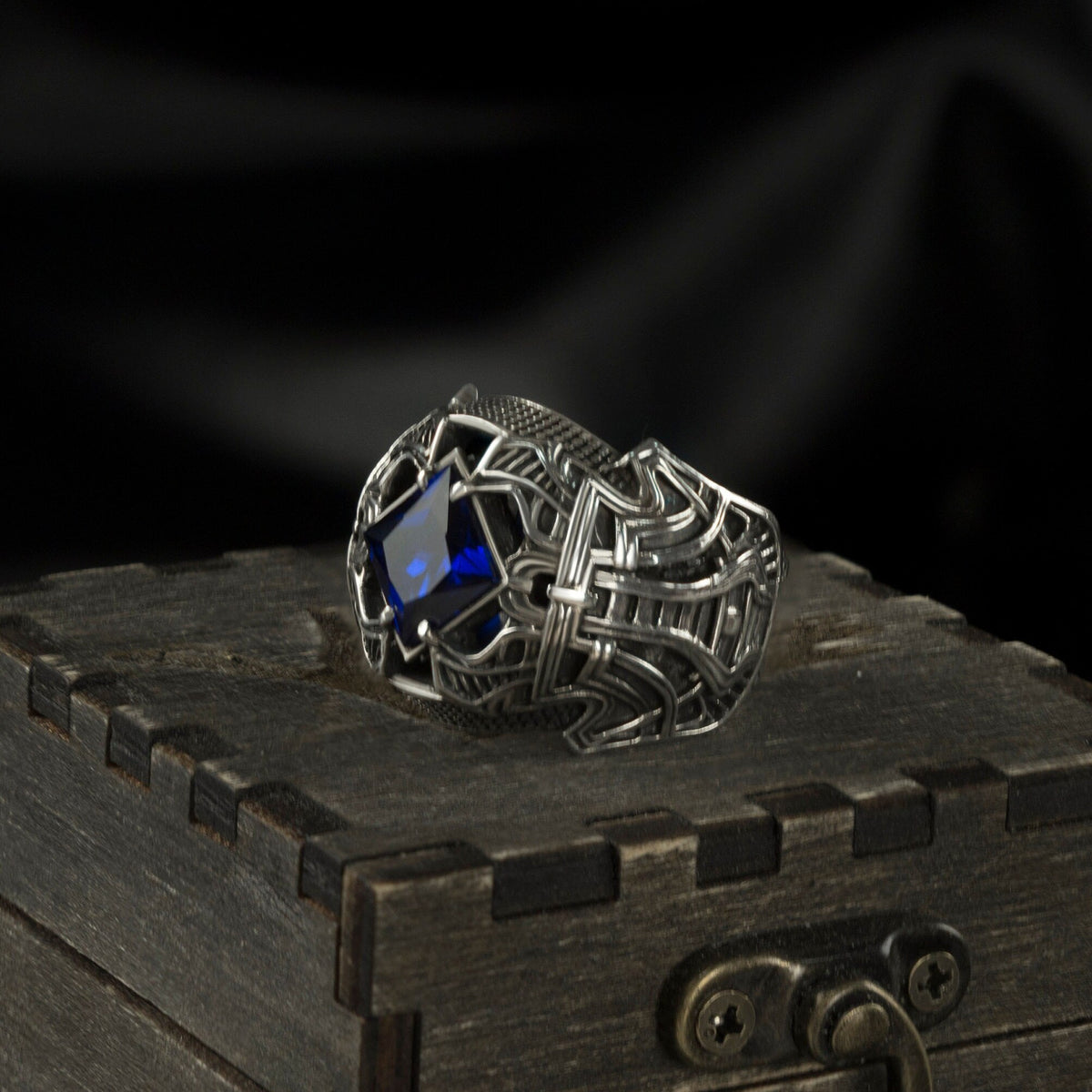 Octavius 925 sterling silver signet ring with deep blue cubic zirconia and gothic relief