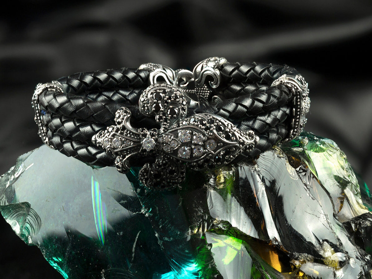 Mary women's gothic bracelet with black braided genuine leather, ornate 925 sterling silver centerpiece, and cubic zirconia stones