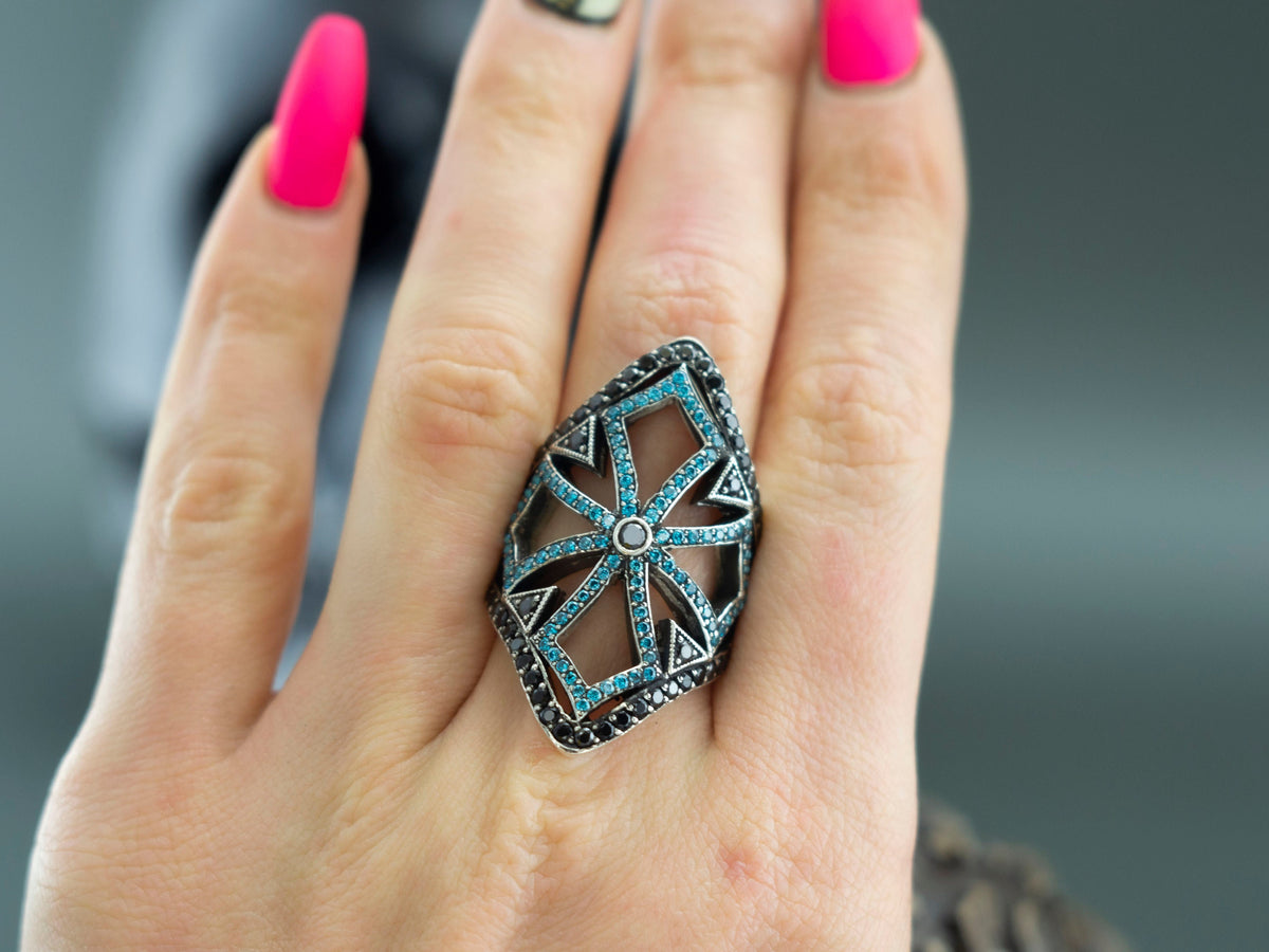 Queen of the Crusaders 925 sterling silver geometric gothic ring with blue cubic zirconia