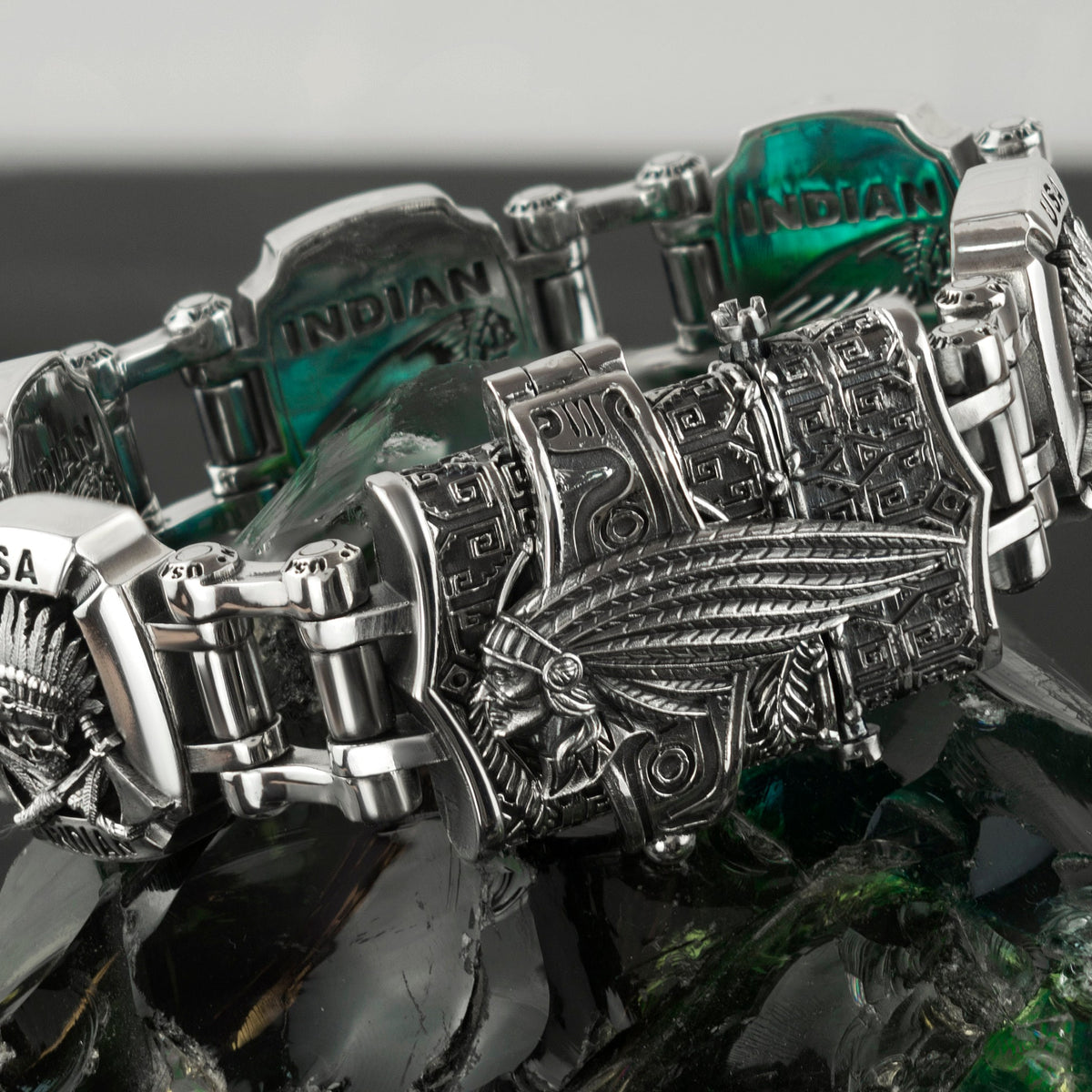 Indian heavy sterling silver biker bracelet with feather headdress plates