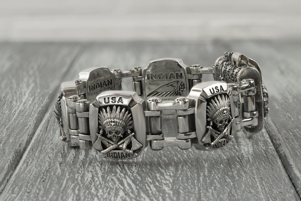 Indian sterling silver bracelet on a light background, full view