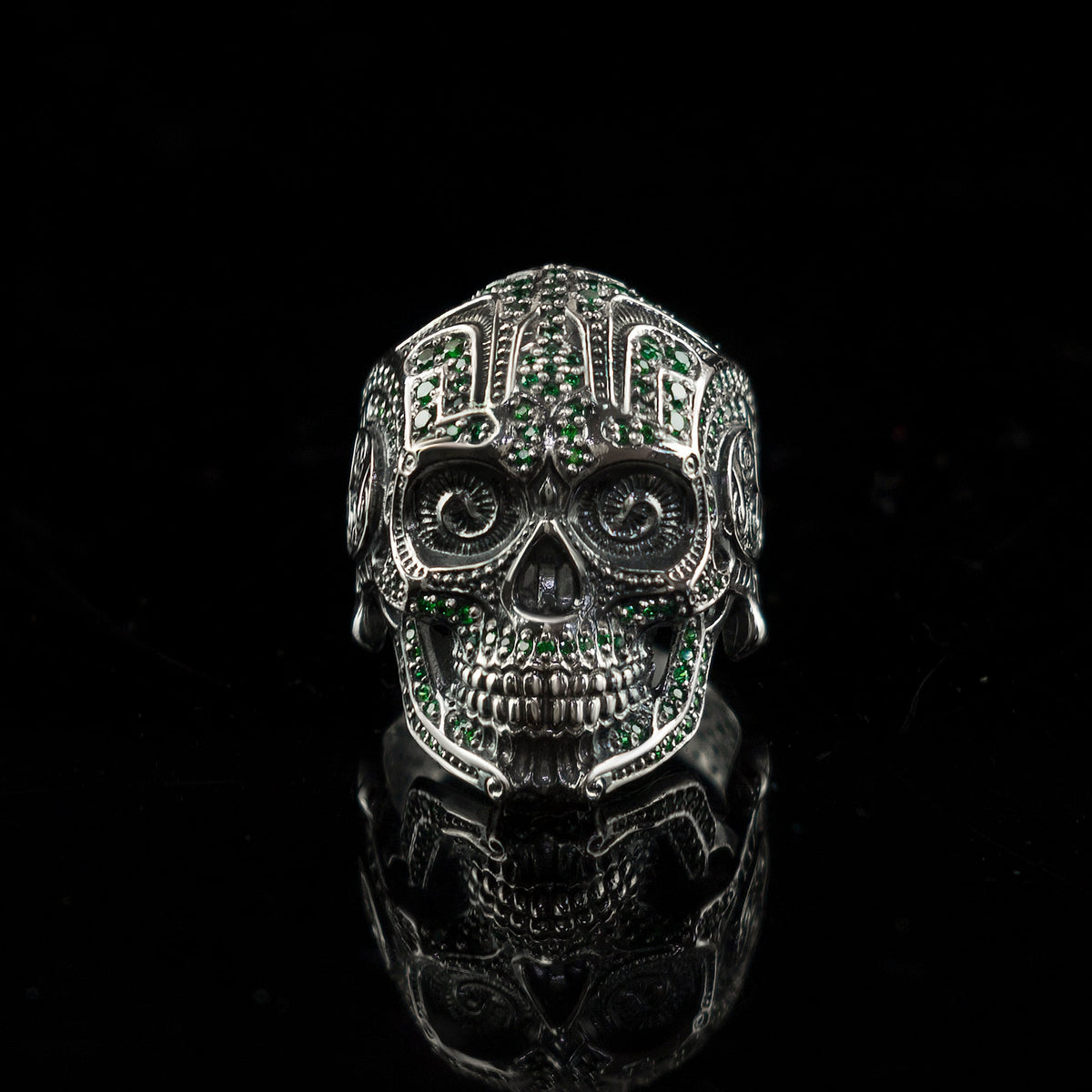 Mexican sugar skull ring front view with reflection