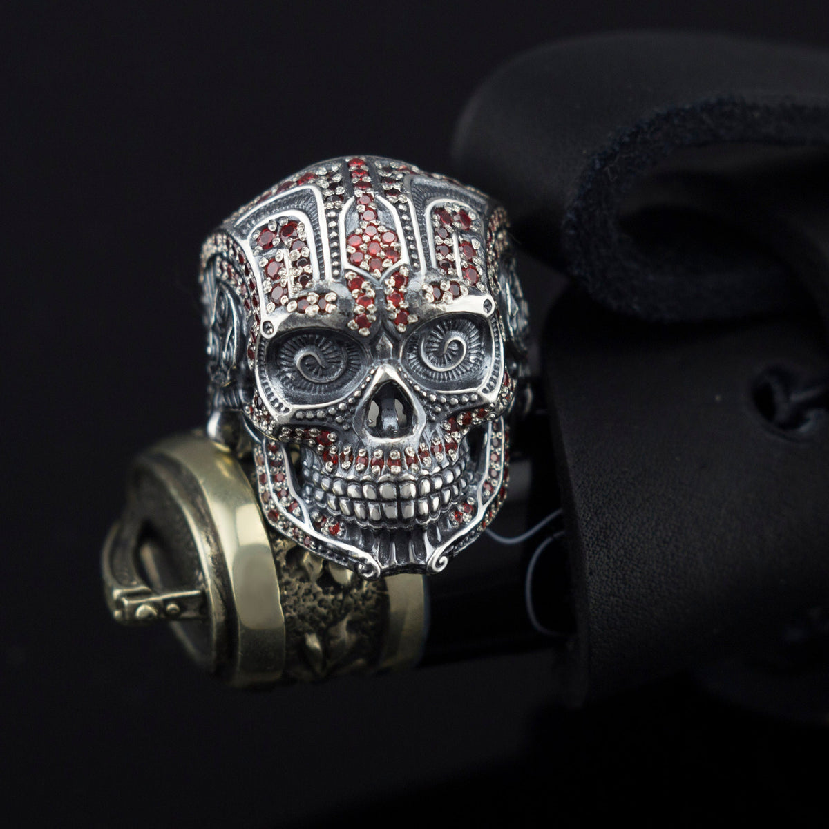 Mexican sugar skull sterling silver ring with red cubic zirconia accents