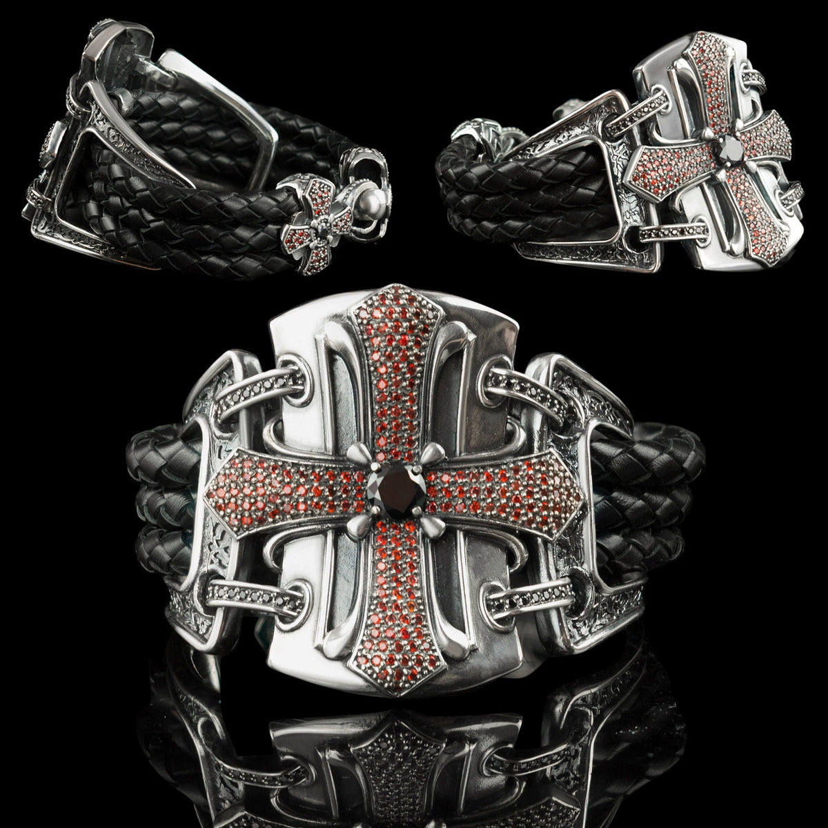 Queen of the Crusaders black leather bracelet shown from several angles