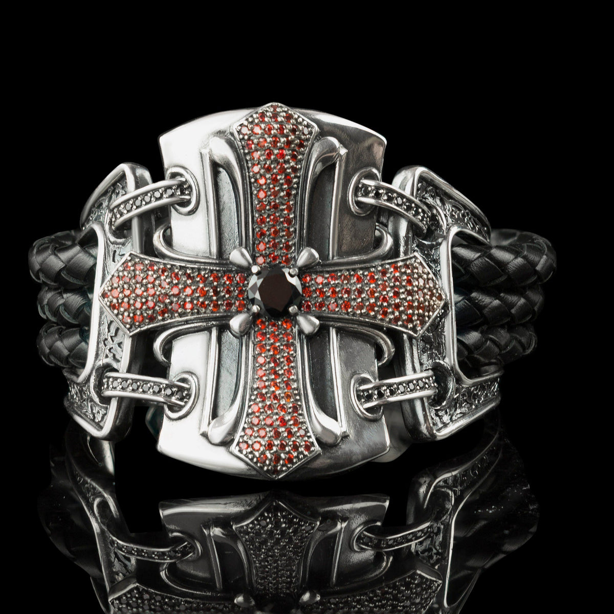 Queen of the Crusaders silver cross bracelet with red CZ on black braided leather