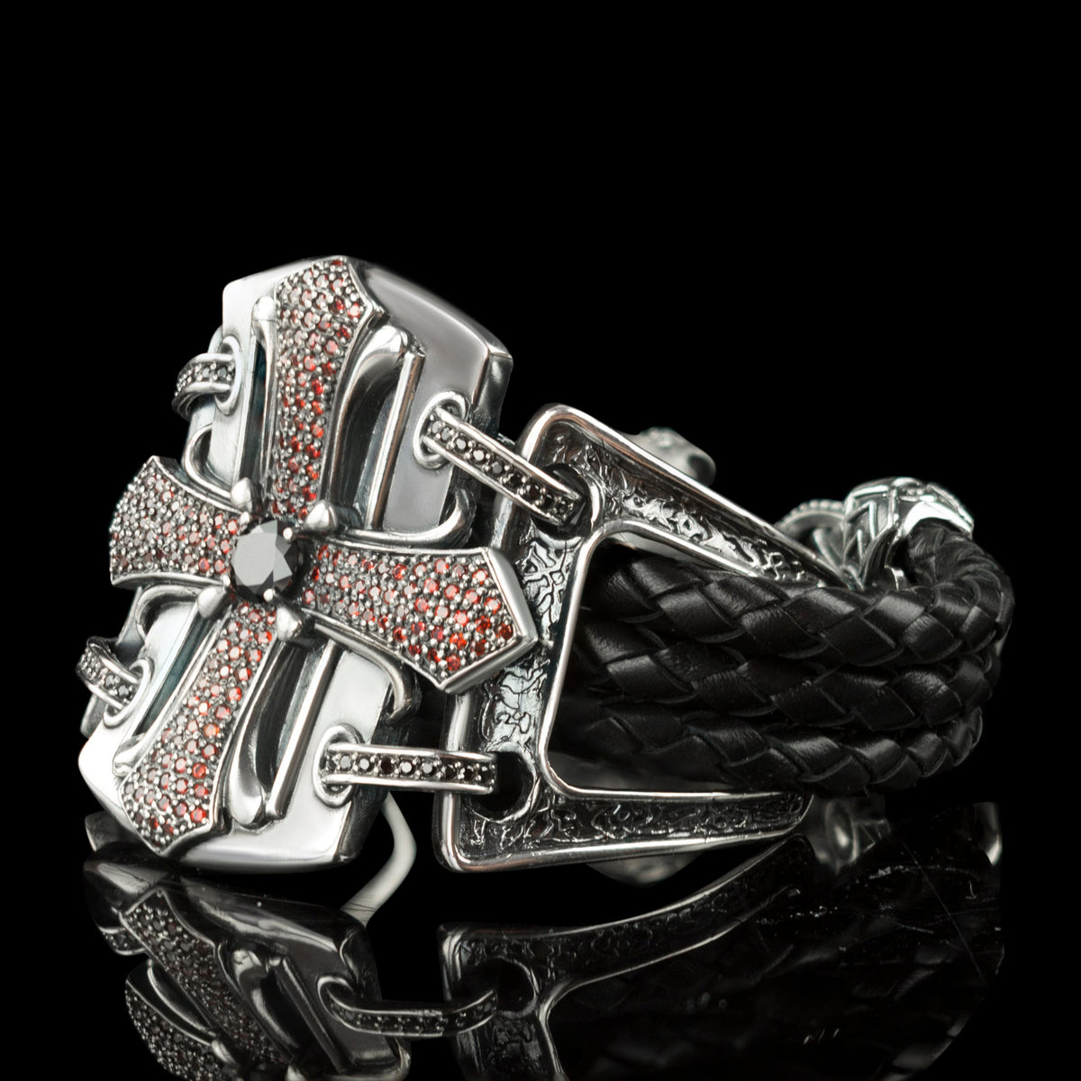 Queen of the Crusaders bracelet side view, cross shield on black braided leather