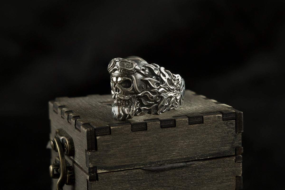 Rider biker ring side view showing the flowing beard detail