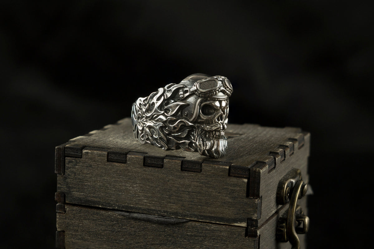Rider heavy skull ring, other side view with sculpted beard