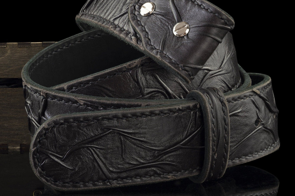 Black genuine leather belt strap looped, side view of the 4.5 mm edge