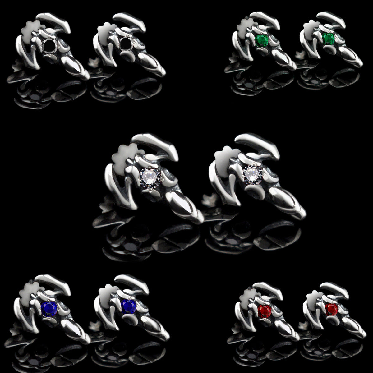 Scorpion stud earrings in five stone colors: black, green, clear, blue and red
