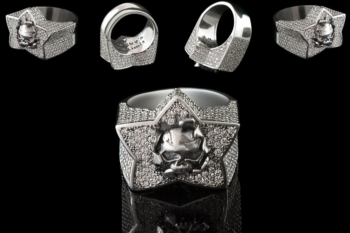 Clear CZ Sky's The Limit star skull ring shown from several angles