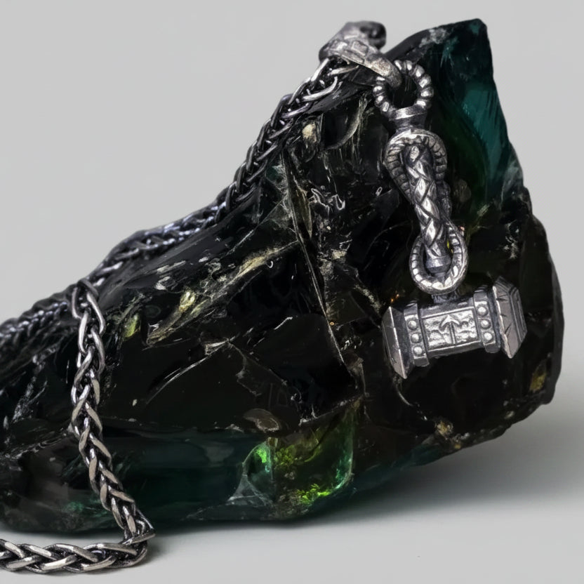 Thor hammer sterling silver Viking necklace set, Mjolnir pendant on a braided chain