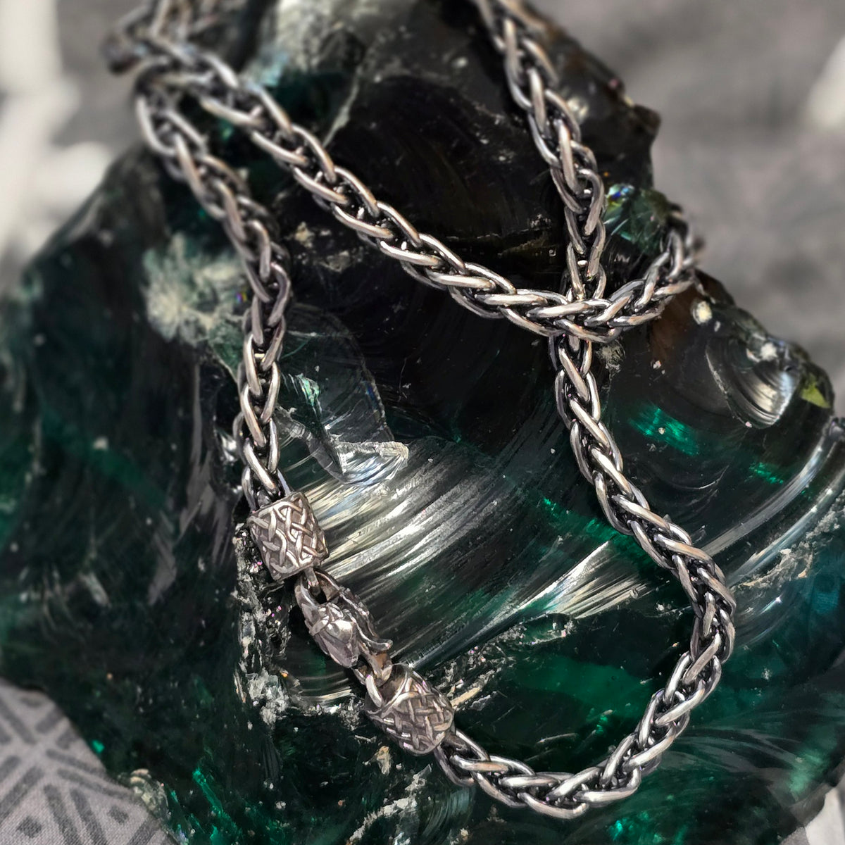 Braided sterling silver chain with animal head ends from the Thor hammer necklace set