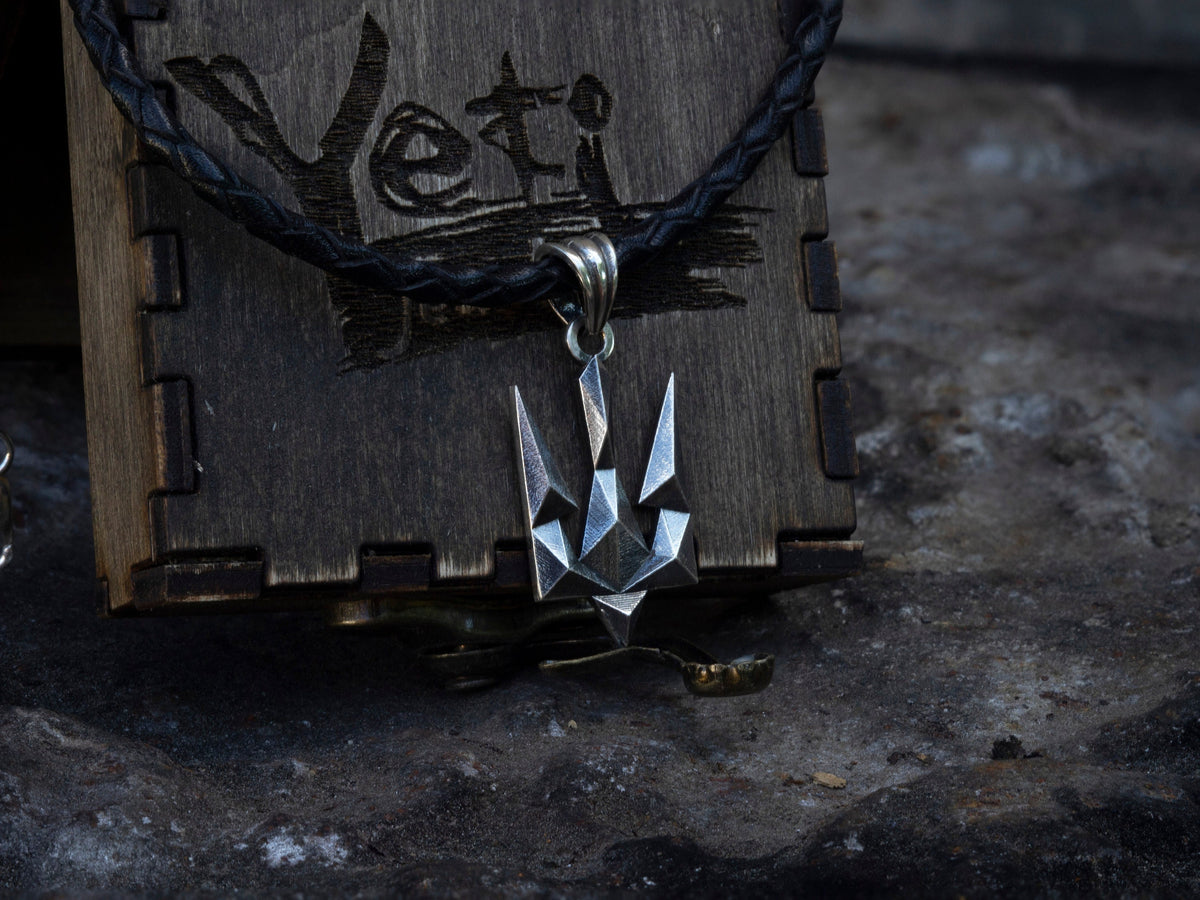 Tryzub sterling silver Ukrainian trident pendant on a black cord