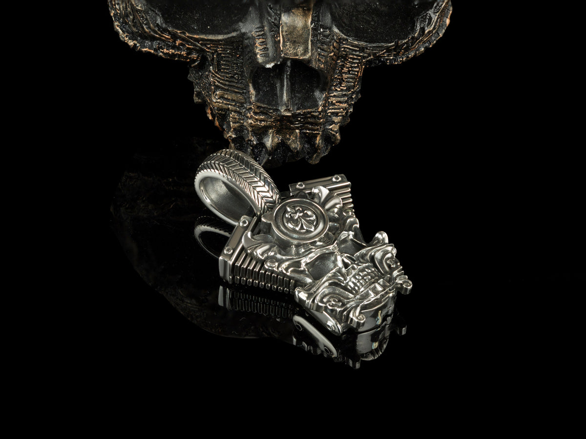 Vigor motorcycle skull pendant on black, side angle