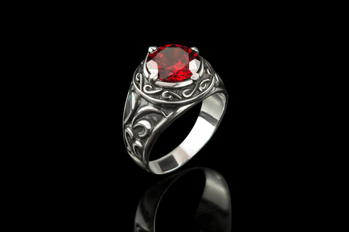 Viking red stone ring standing upright, three-quarter view