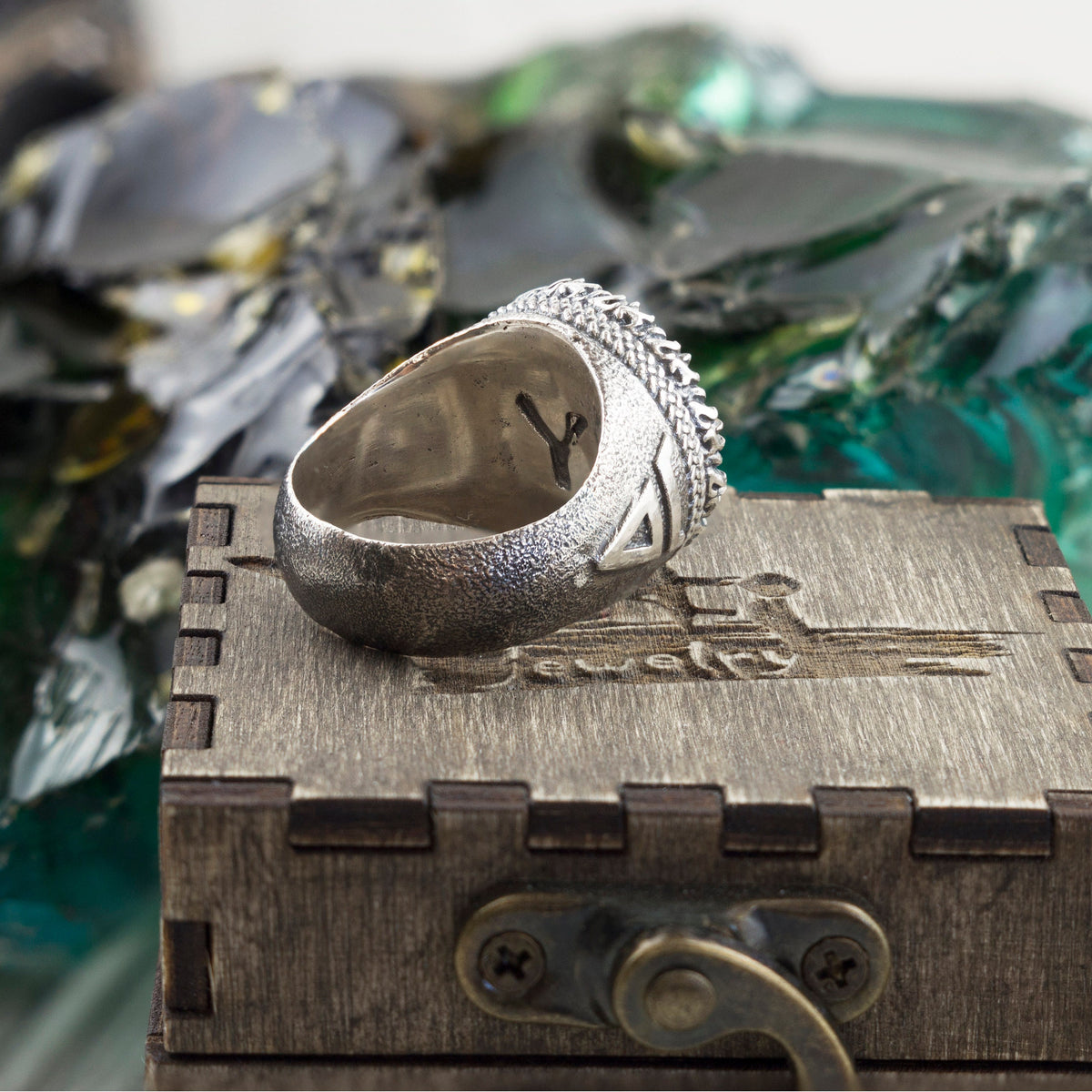 Yggdrasil ring side profile showing the oxidized knotwork