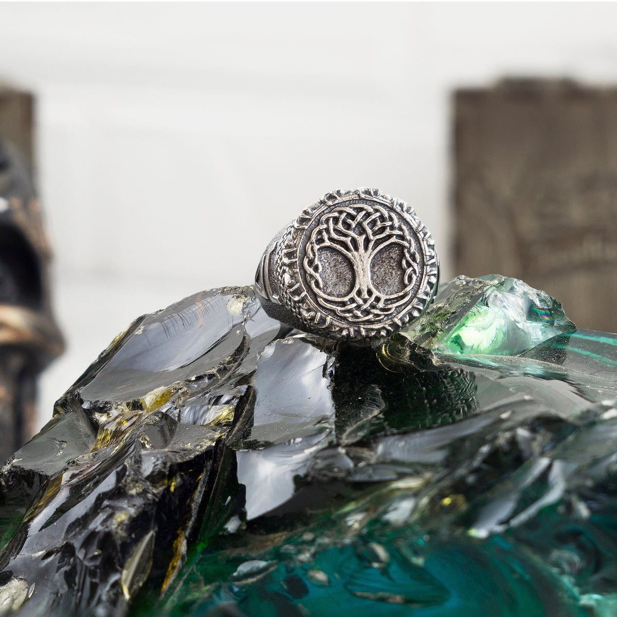 Yggdrasil Tree of Life heavy sterling silver Viking ring, round knotwork face