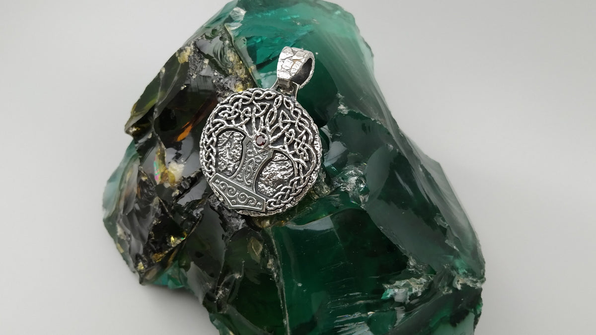 Yggdrasil Viking pendant, angled view of the oxidized Tree of Life
