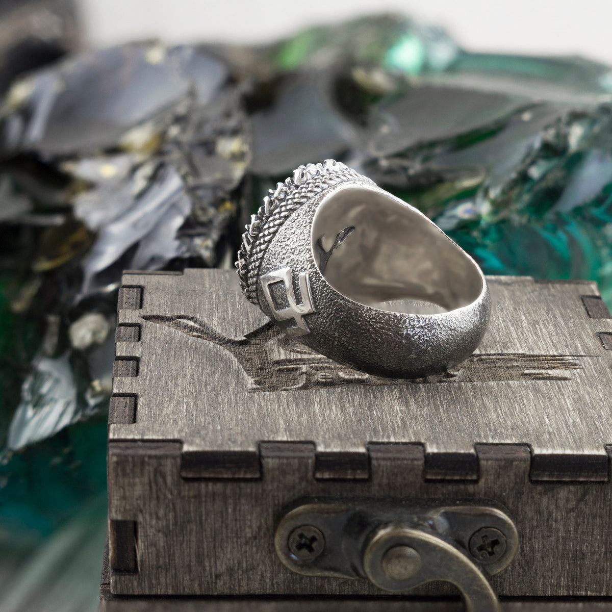 Yggdrasil Viking ring lying on its side, inside of the heavy band