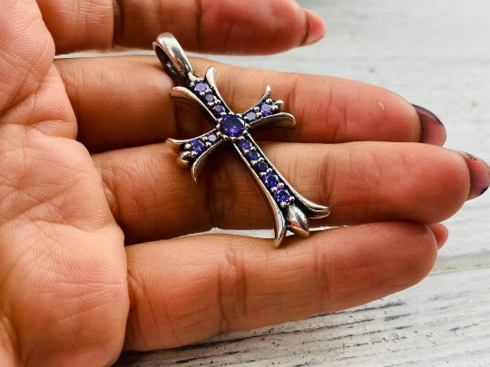 Gothic silver cross Double side cross Gemstones cross pendant Gothic jewelry