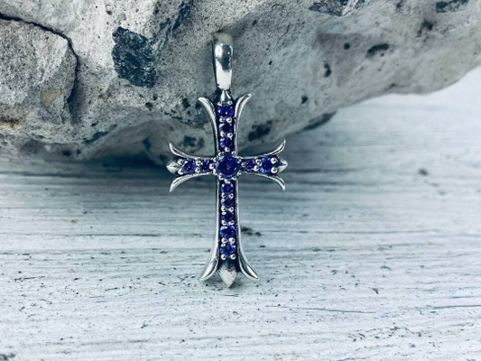 Gothic silver cross Double side cross Gemstones cross pendant Gothic jewelry