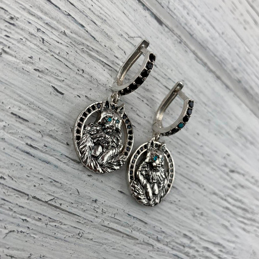 Cats earrings Maine Coon Silver earrings  Animals silver earrings  Cat jewelry